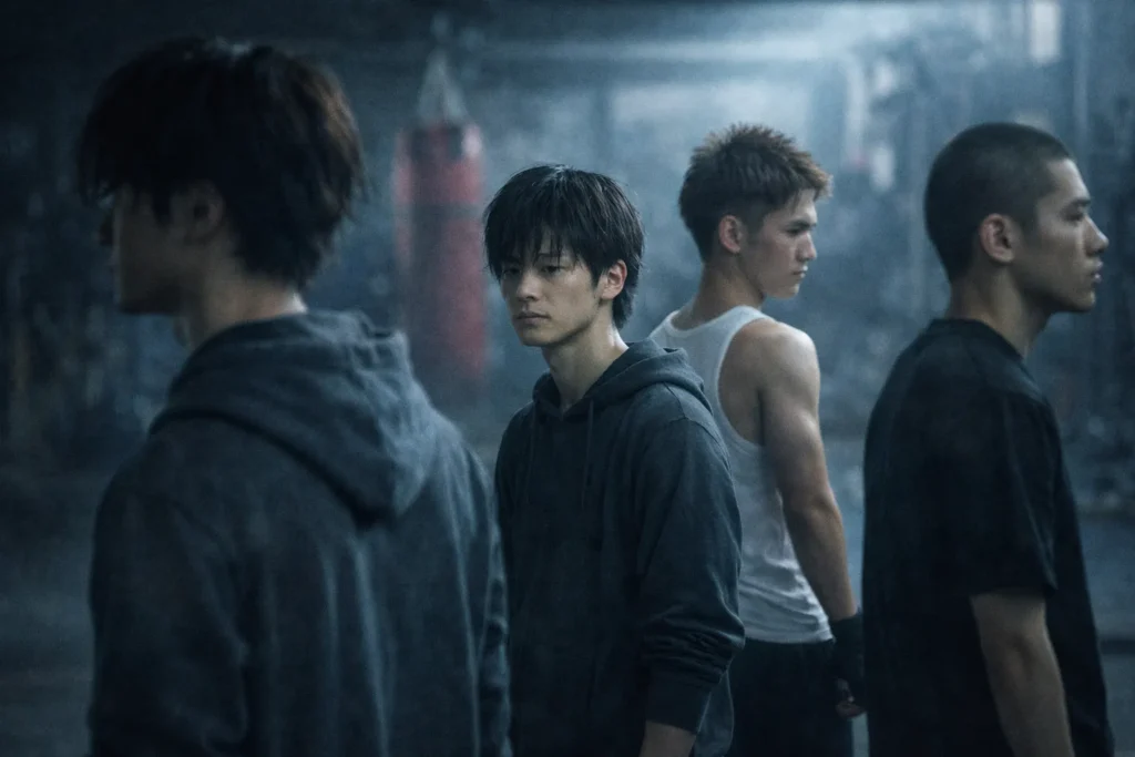 薄暗いジムの中で、複数の若い男性が同じ空間に立ちながらもそれぞれ別の方向を向いている。中央の男性は沈黙した表情で前を見つめ、人物同士の距離感と交わらない視線が、人間関係の複雑さと静かな緊張感を表している。