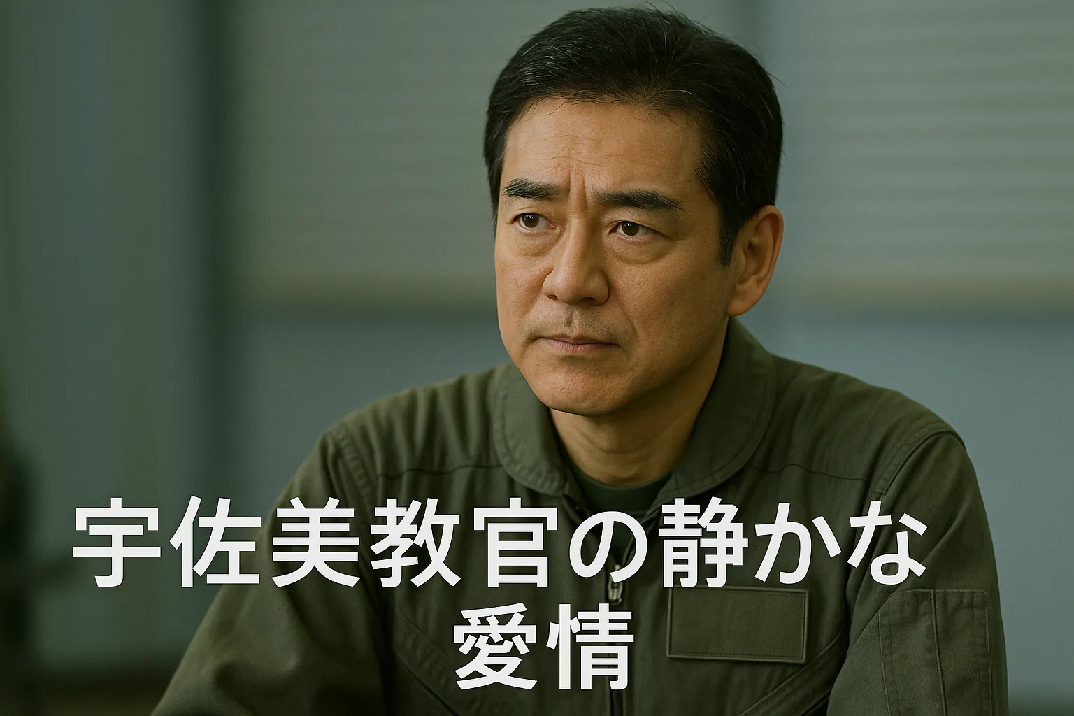 「緑の訓練服を着た中年の男性が真剣な表情で前を見つめている。画像中央下部に『宇佐美教官の静かな愛情』という日本語のテキストが小さめの文字で表示されている。」