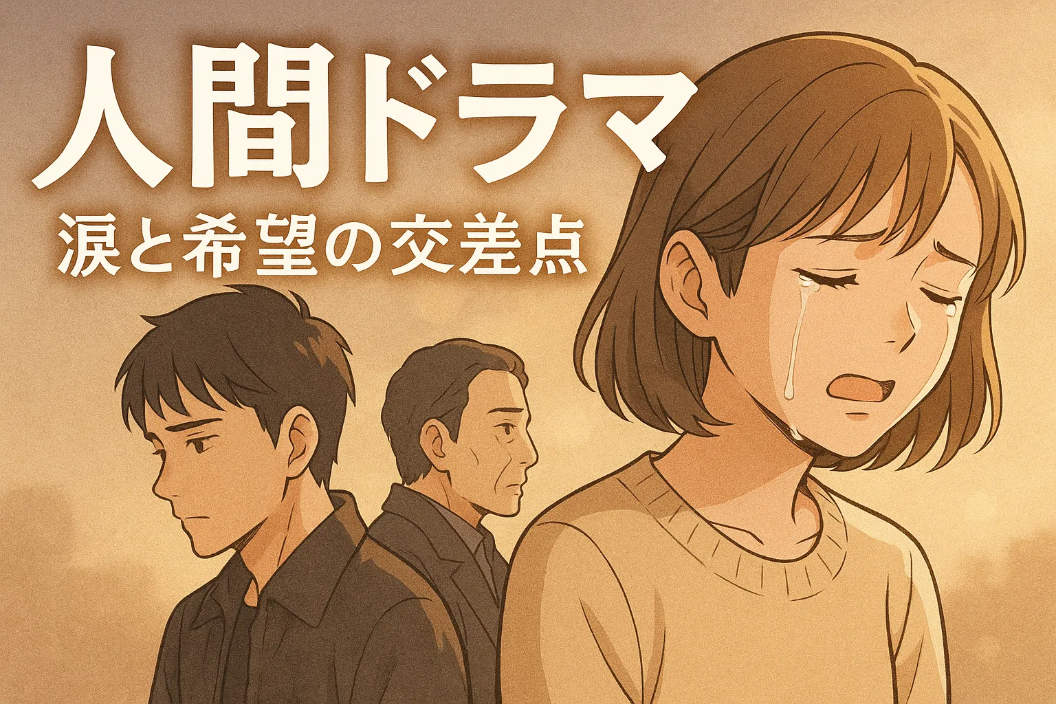 アニメ風のタッチで描かれた3人の人物。右側には涙を流す若い女性、中央には物思いにふける中年男性、左にはうつむく若い男性が描かれている。背景は夕暮れのような温かみのあるグラデーションで、「人間ドラマ　涙と希望の交差点」というタイトルが上部に配置されている。感情の交差と再生のテーマを象徴する構図。