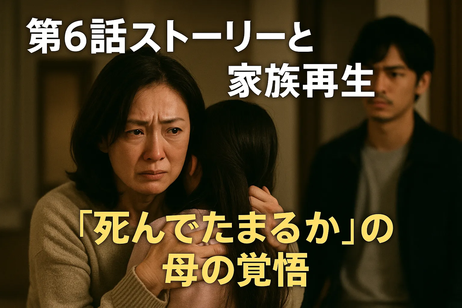 涙を浮かべた母親が娘を強く抱きしめている感動的な場面。背景には心配そうに見守る男性。画像上部に「第6話ストーリーと家族再生」、下部に「『死んでたまるか』の母の覚悟」という日本語のテキストが重ねられている。家族の絆と再生を象徴するドラマの印象的なシーン。