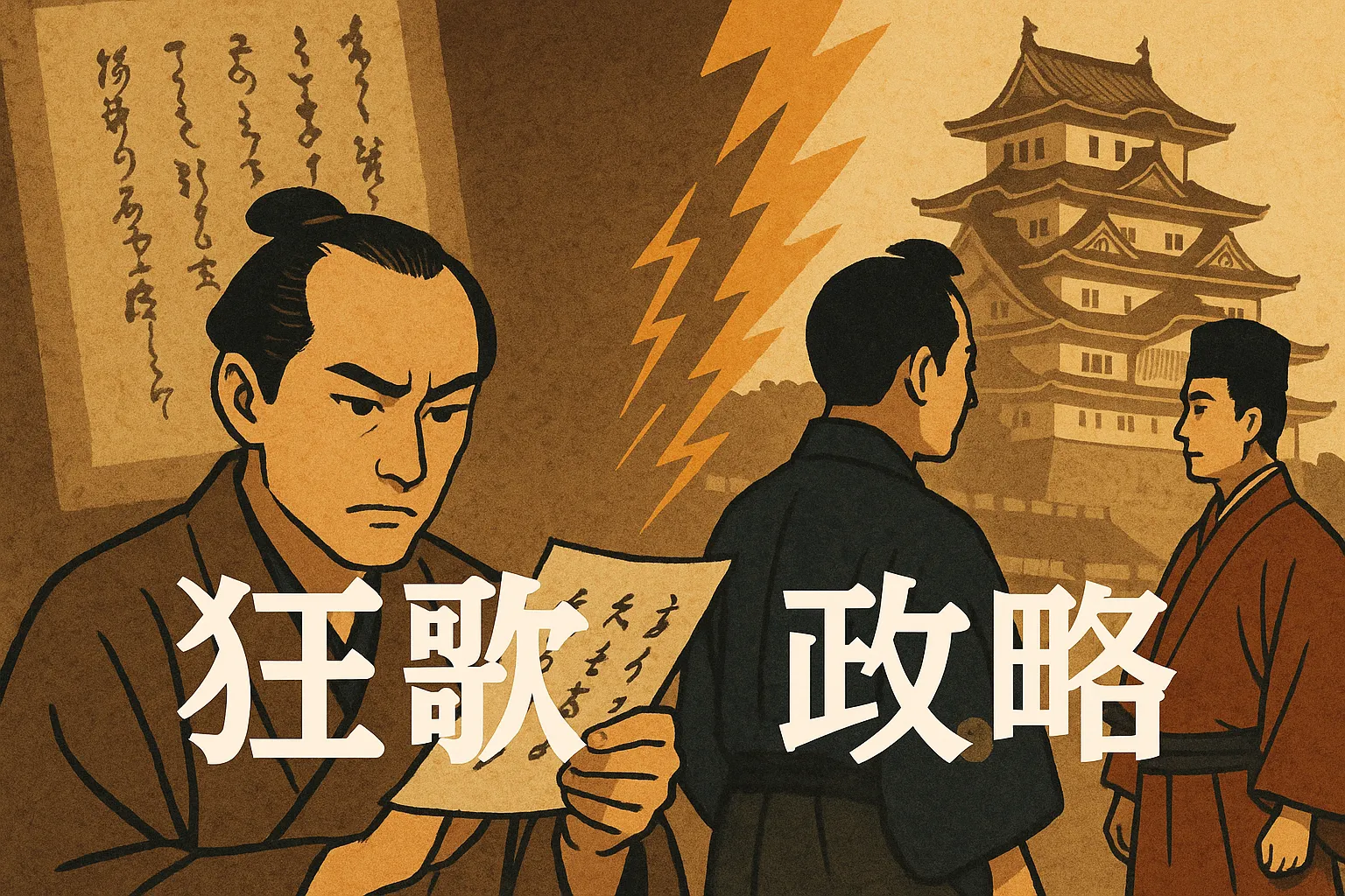 江戸時代の風景を描いたイラスト。左側には狂歌を読む真剣な表情の男性、右側には城を背景に政略を話し合う二人の男性が描かれ、中央には稲妻が走り「狂歌」「政略」の文字がバランスよく配置されている。伝統的な浮世絵風の色合いと構図が印象的。
