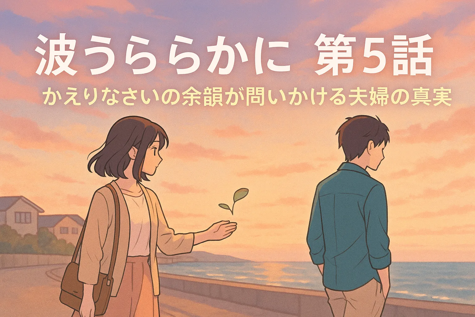 夕暮れの海辺の遊歩道で、互いに背を向けるように歩く男女。静かな空気の中、「かえりなさい」の言葉を思わせるように女性の手元に若葉が揺れ、切なさと優しさが溶け込んだ一瞬を描いた情感あふれるワンシーン。