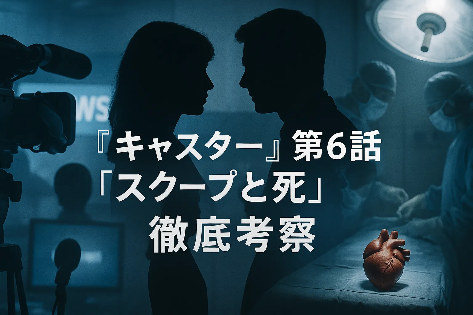 『キャスター』第6話の考察記事用アイキャッチ画像。左側には「NEWS」の文字が映るテレビカメラとモニター、中央には向き合う男女のシルエット、右側には手術室で心臓を前にした医師たちが描かれ、全体がブルーとグレーの冷たい色調でまとめられている。画像中央に「『キャスター』第6話『スクープと死』徹底考察」の文字が大きく表示されている。