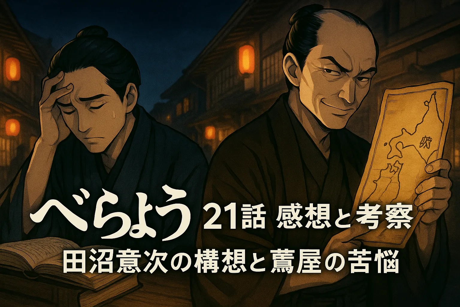 「江戸時代の夜の町並みを背景に、左側には頭を抱えて悩む蔦屋重三郎、右側には蝦夷地の地図を手に不敵な笑みを浮かべる田沼意次が描かれている。中央下部には『べらぼう21話 感想と考察 田沼意次の構想と蔦屋の苦悩』というタイトルが大きく配置されている。」