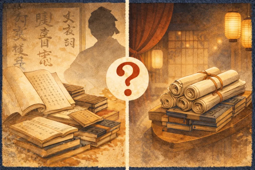 史実とドラマの違いを示す、資料と演出を左右に分けたアイキャッチ画像