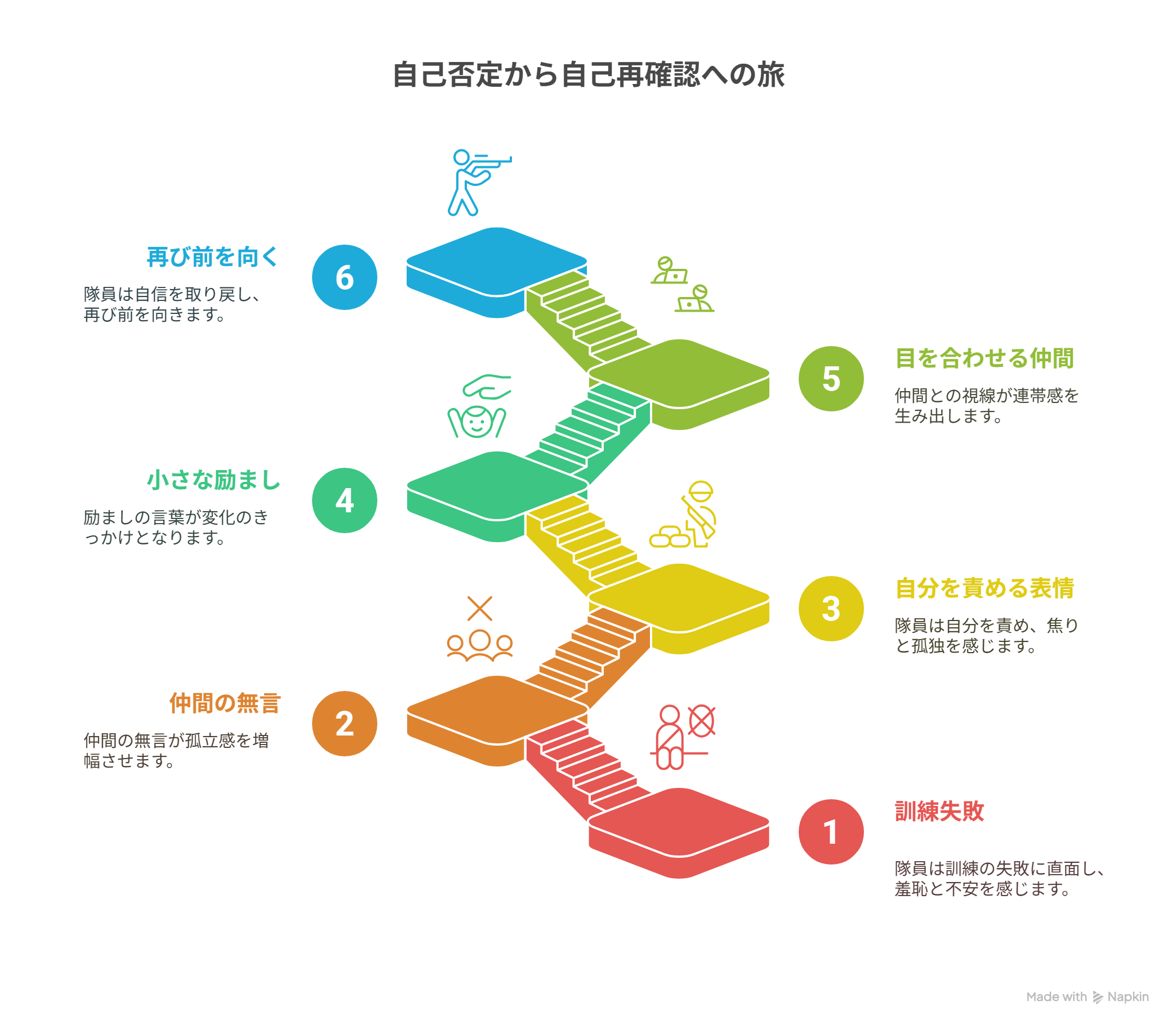 訓練による隊員の自己否定から再起までの感情変化を示す図解