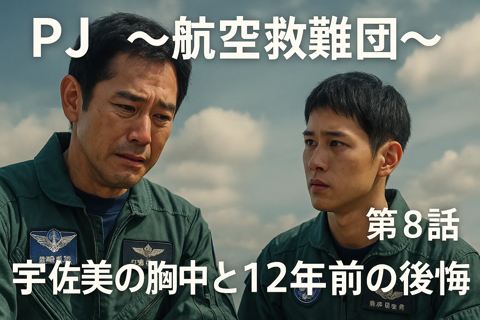 alt="第8話『PJ ～航空救難団～』の感動回を象徴する横長の画像。感情をあらわにする教官・宇佐美と、真剣な眼差しの沢井が空を背景に対峙しているシーン。タイトルと『宇佐美の胸中と12年前の後悔』の文字が配置されている。
