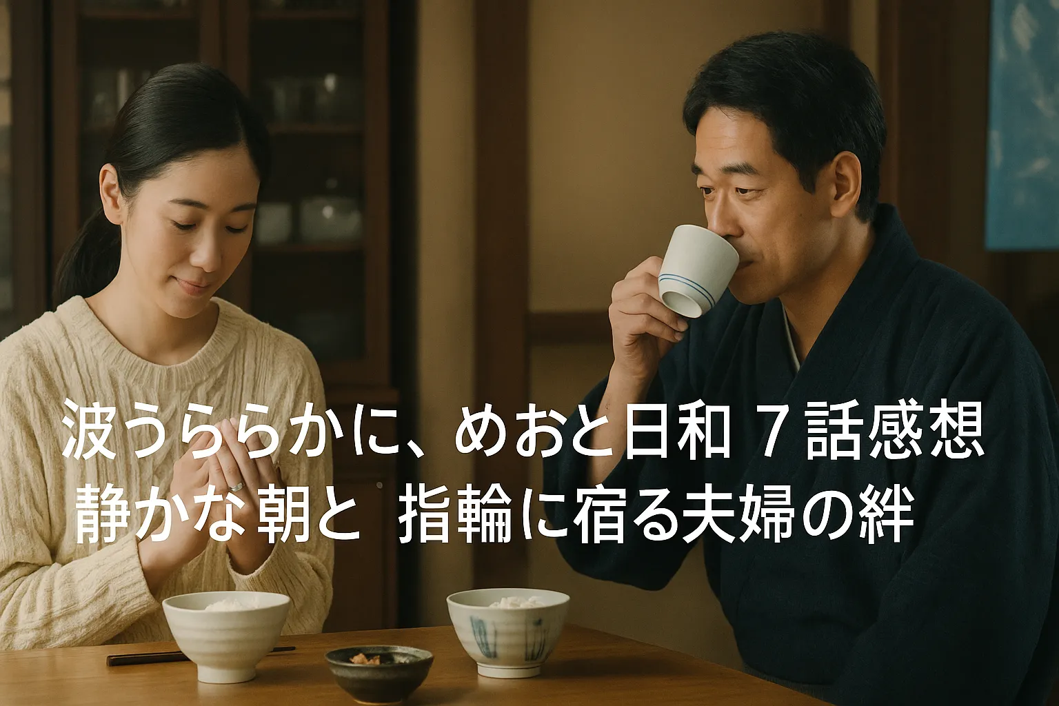 波うららかに、めおと日和 第7話の感想アイキャッチ。和室の朝、食卓を囲む夫婦が静かに向き合い、妻が指輪を見つめ、夫が湯呑を手にする温かく穏やかなシーン。