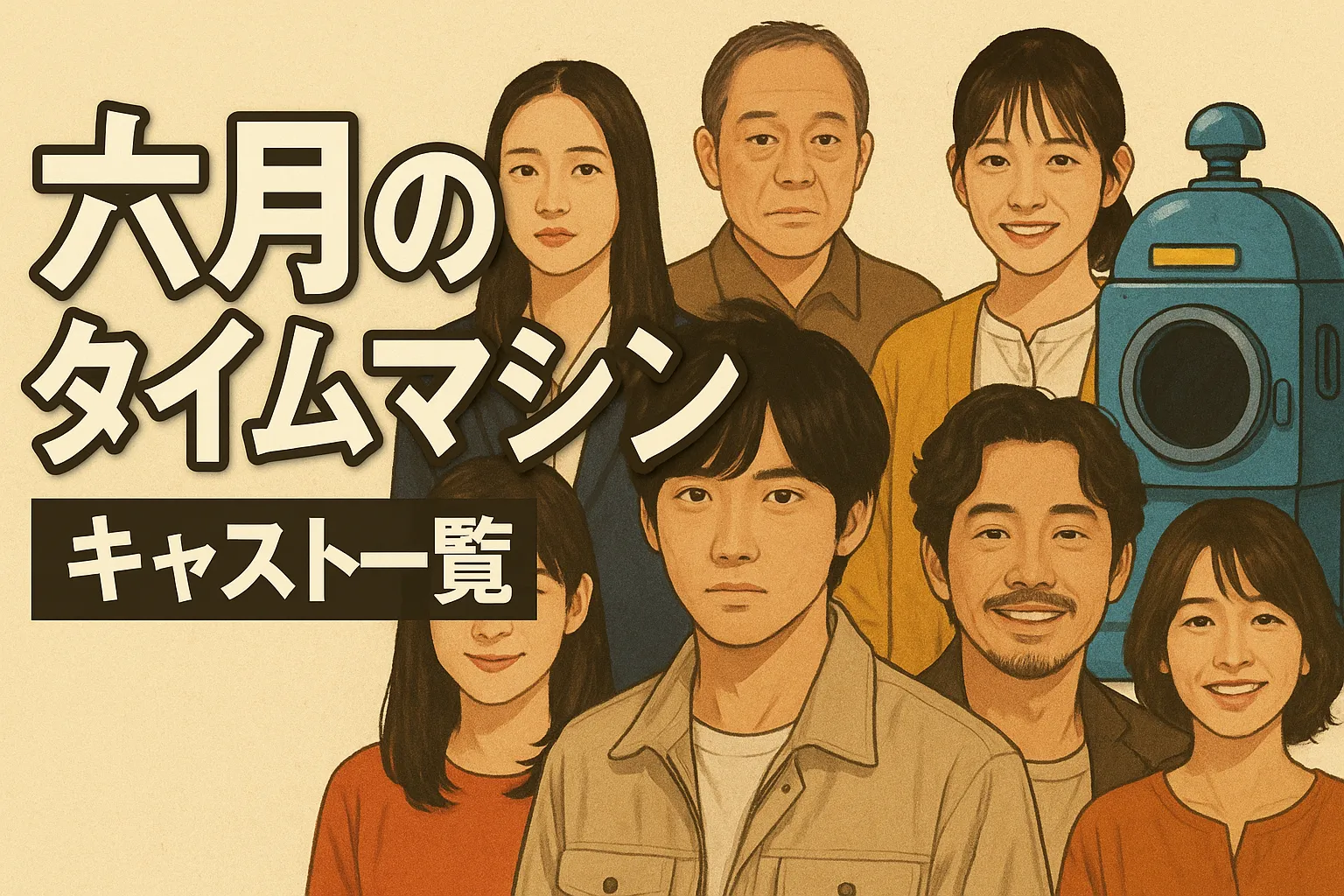 『六月のタイムマシン』のキャストたちが並ぶレトロ調のイラスト。背景には青いタイムマシンが描かれ、温かみのある色調で構成された6人の主要キャラクターが感情豊かに配置されている。左側には大きくタイトル「六月のタイムマシン キャスト一覧」の文字が浮かび、昭和風映画ポスターを思わせる懐かしさを醸し出している。