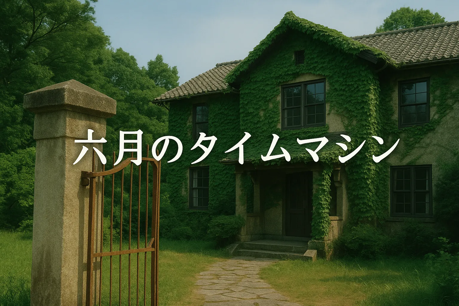 alt="蔦に覆われた洋館と石畳のアプローチが印象的なロケ地。『六月のタイムマシン 聖地巡礼の撮影地ガイド』という日本語タイトルが重なり、静けさとノスタルジーを感じさせる風景。