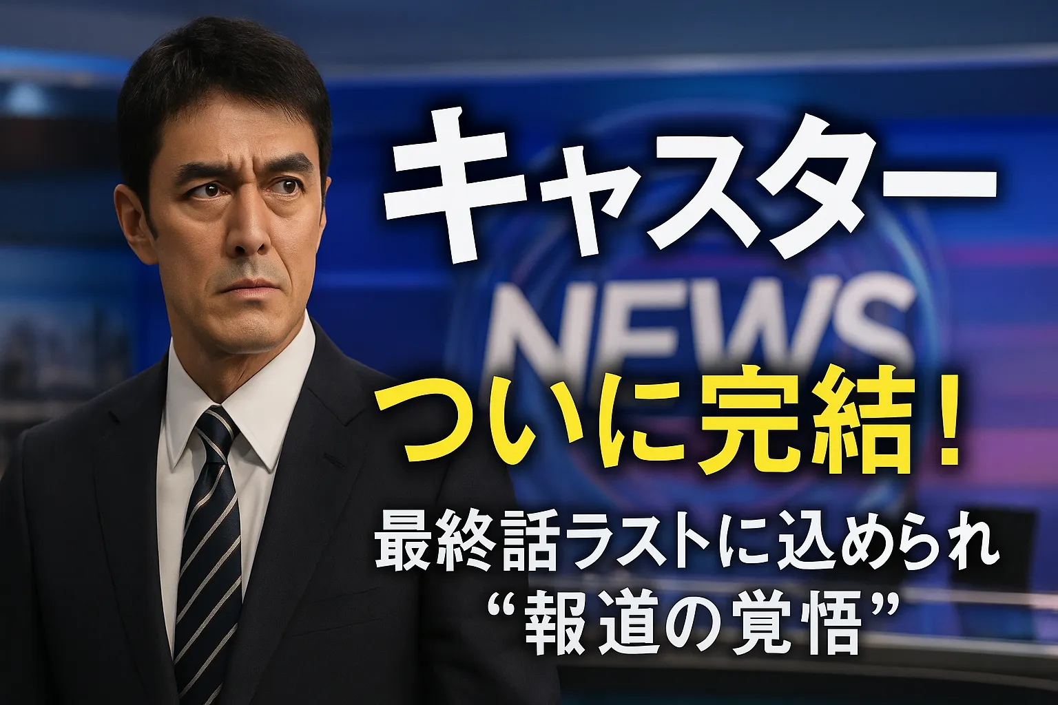 阿部寛演じるキャスターがニューススタジオで真剣な表情を浮かべ、背景には『NEWS』のロゴ。『キャスター ついに完結！最終話ラストに込められた“報道の覚悟”』の文字が配置されたアイキャッチ画像