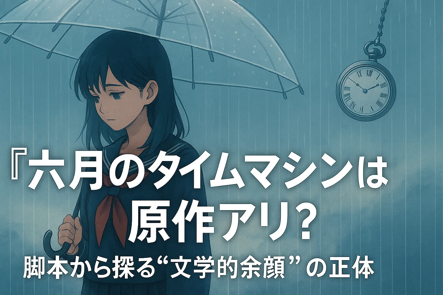 雨の中、透明な傘を差して佇むセーラー服姿の女子高校生が描かれたイラスト。憂いを帯びた表情で前を見つめる彼女のそばには、宙に浮かぶアンティークな懐中時計があり、時間の象徴として存在している。背景は青みがかった雨空と雨粒で満たされ、静かで切ない雰囲気を醸し出している。画面下部には「『六月のタイムマシン』は原作アリ？ 脚本から探る“文学的余韻”の正体」と大きな白い文字が配置されている。
