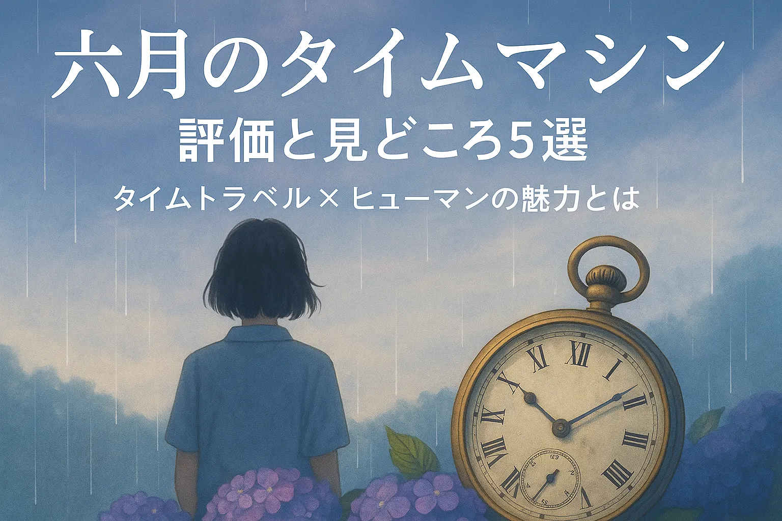雨が降る中、紫陽花の咲く風景に立つ女性の後ろ姿と、右側に大きく描かれた懐中時計。背景には薄く霞んだ6月の空が広がり、画像上部には「六月のタイムマシン 評価と見どころ5選｜タイムトラベル×ヒューマンの魅力とは」という日本語タイトルが表示されている。全体的にノスタルジックで静かな雰囲気が漂う。