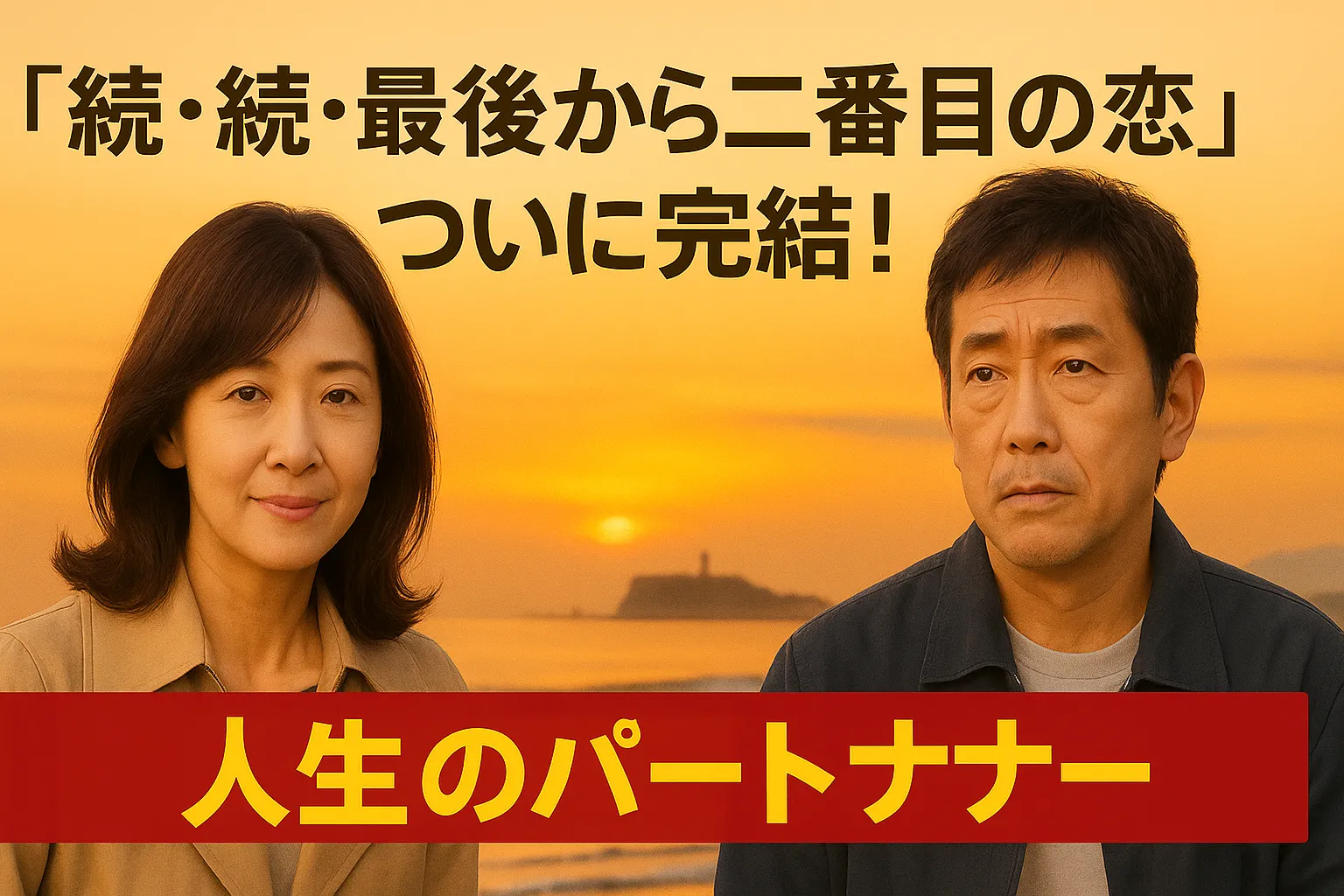 ドラマ『続・続・最後から二番目の恋』の最終回を告げるアイキャッチ画像。海辺の夕焼けを背景に、落ち着いた表情の中年男女が並び立ち、『ついに完結！』『人生のパートナー』という文字が中央に表示されている。