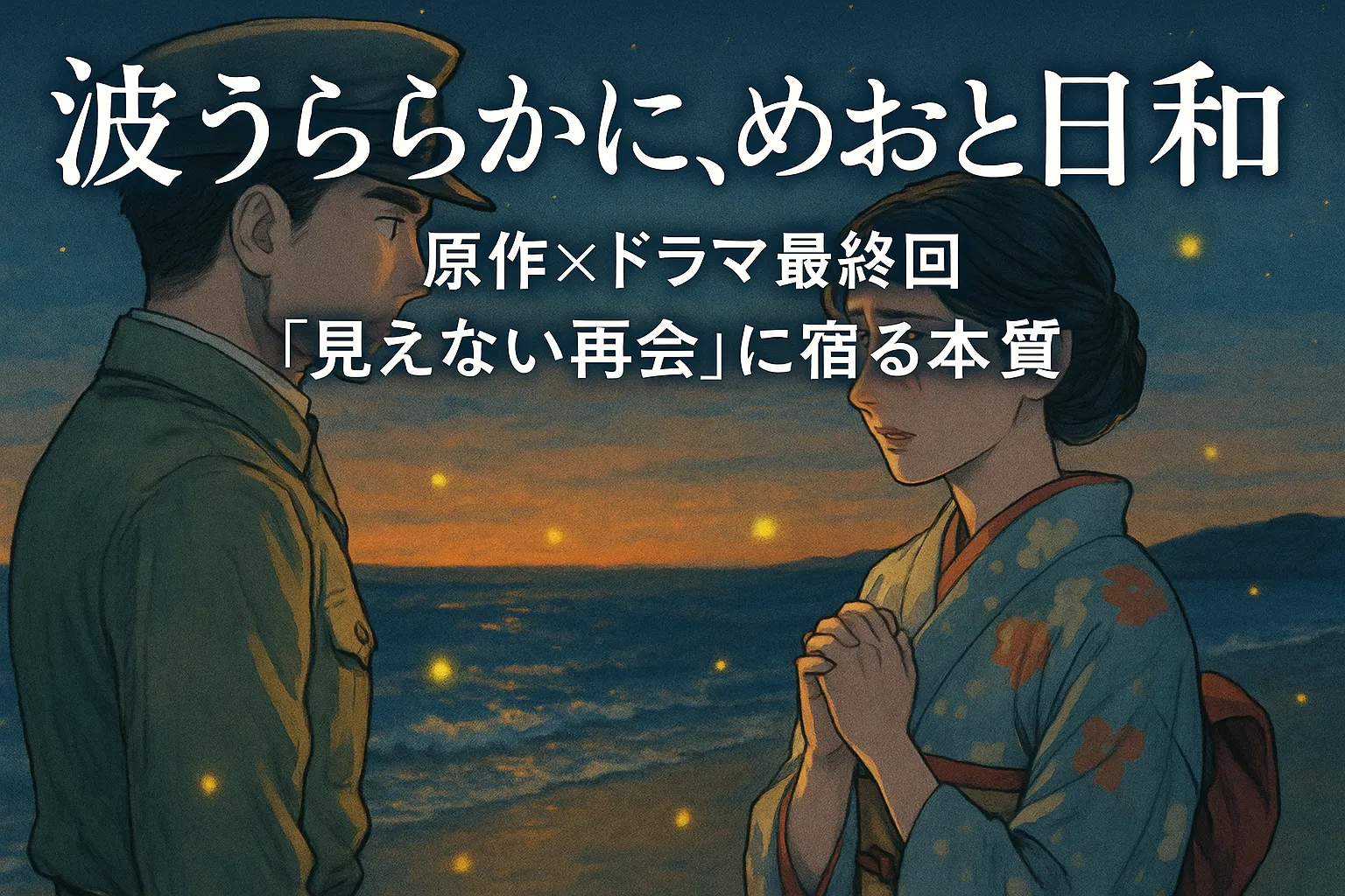 夕暮れの海辺に立つ軍服姿の夫と、涙ぐむ着物姿の妻が向き合う。蛍が舞い、夕陽の温かな光がふたりを照らす、戦時下の静かな再会を描いた一場面。