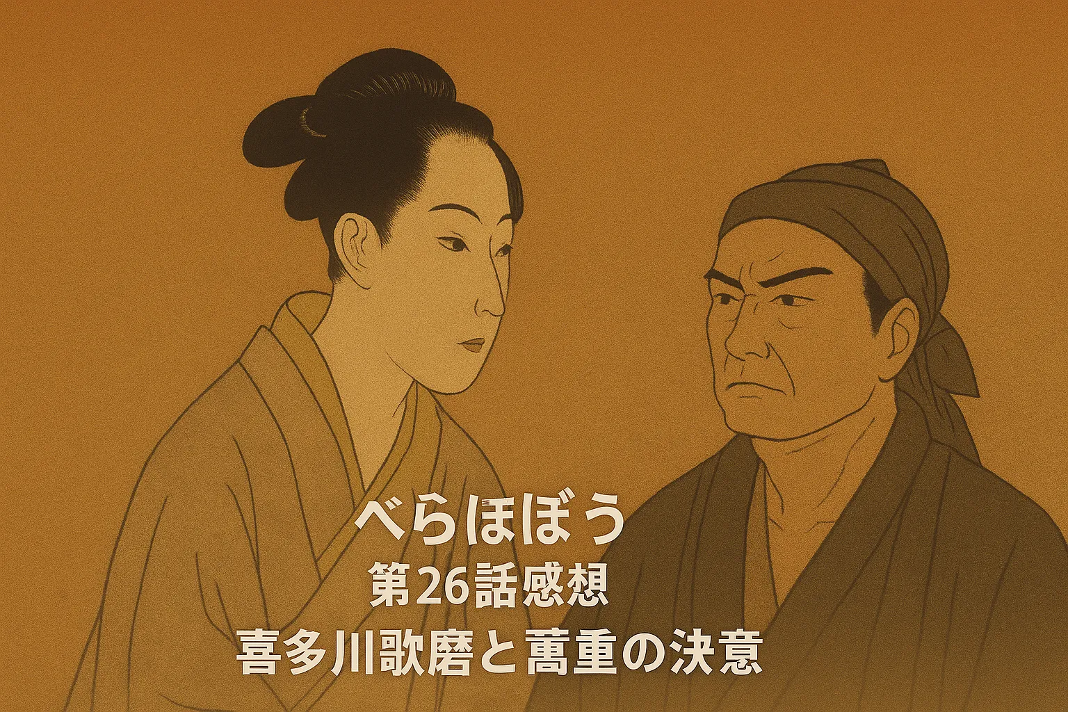 「NHK大河ドラマ『べらぼう』第26話感想」のアイキャッチ画像。江戸時代風のイラストで、喜多川歌麿と蔦屋重三郎が向かい合う構図。中央下部に『べらぼう 第26話感想 喜多川歌麿と蔦重の決意』のタイトルが小さめの文字で配置されている。背景は茶系の和風テクスチャ。