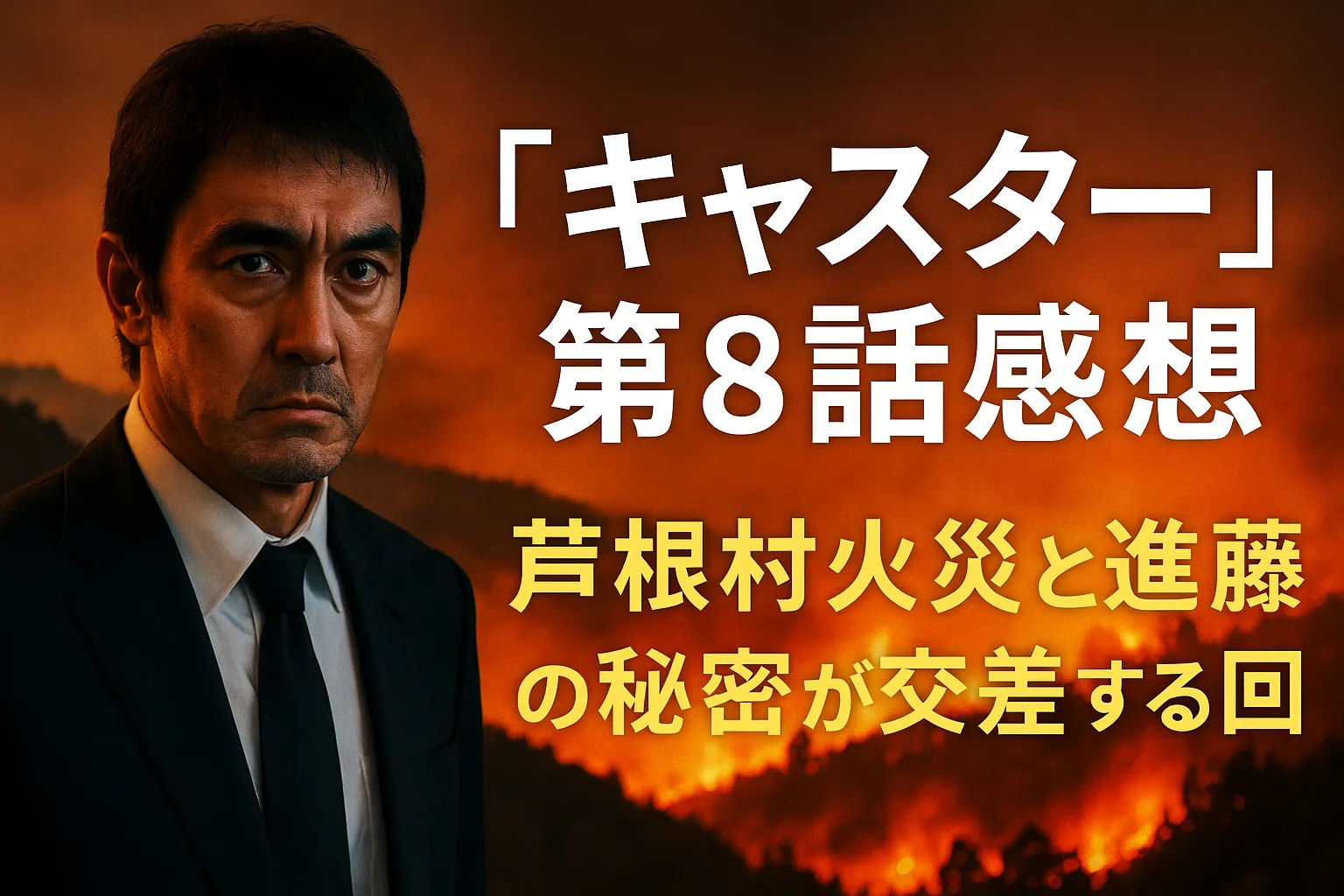 alt="キャスター第8話の感想アイキャッチ。山火事を背景に進藤が厳しい表情で立ち、右側に『キャスター第8話感想 芦根村火災と進藤の秘密が交差する回』という文字が配置されている。"