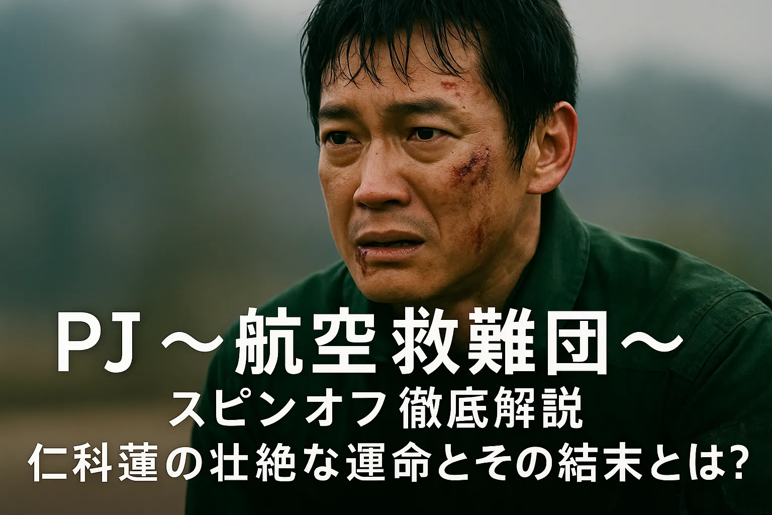 スピンオフ『another story 救難員・仁科蓮 最後の任務』のプロモーションバナー。傷だらけの顔で前を見つめる仁科蓮の姿と共に、「PJ ～航空救難団～ スピンオフ徹底解説 仁科蓮の壮絶な運命とその結末とは？」というタイトルテキストが重ねられている。