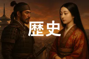 甲冑を着た武士と赤い着物を着た女性が向かい合い、背景に古都の町並みと夕焼け空が広がる歴史的な雰囲気のイラスト。中央に『歴史』の文字