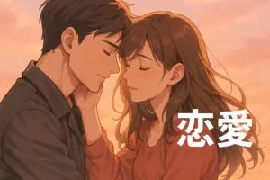 夕焼けの空の下で額を寄せ合う若い男女、優しく見つめ合う姿が描かれ、右下に『恋愛』の文字があるロマンチックなイラスト
