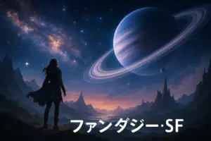 霧がかった街中で虫眼鏡を持つ名探偵のシルエット、上部に『MYSTERY・SUSPENSE』の文字が描かれたミステリー風のイラスト