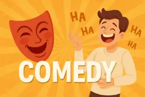 明るいオレンジの背景に、笑顔のキャラクターと赤い喜劇マスクが描かれたイラスト。中央に大きく“COMEDY”の文字があり、周囲には“HA HA HA”の笑い声を表す文字が浮かぶ、楽しい雰囲気の横長画像。