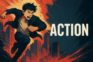 アニメ風の若い男性が都市の夜景を背景に疾走する姿を描いたアクションジャンルの紹介画像。力強いポーズと燃えるような背景がスピード感と緊張感を演出しており、右側に大きく『ACTION』の文字が配置されている。