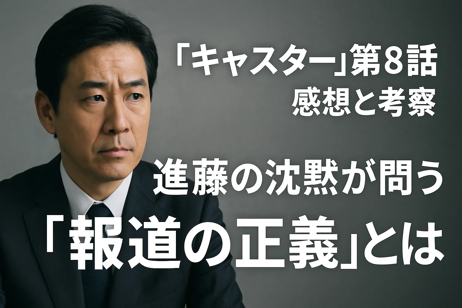 『キャスター』第8話の感想記事用アイキャッチ画像。グレーの背景に、真剣な表情で右を見つめる中年の男性（進藤をイメージ）が描かれている。画像上には「『キャスター』第8話 感想と考察」「進藤の沈黙が問う『報道の正義』とは」という白抜きの大きな文字が配置され、静かで重みのある雰囲気を醸し出している。
