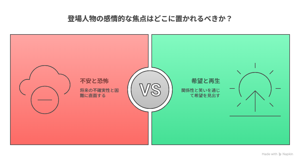  A [将来や病気に怯える登場人物たち] → B [それでも笑い合える関係性と再生の兆し]