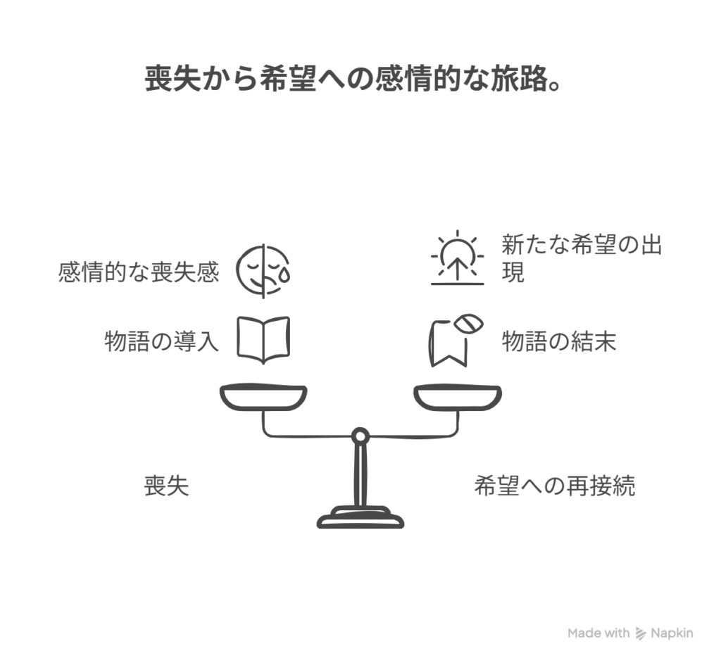 第一幕（導入）： A【喪失】の状況が提示される。主人公が何を失ったのか、あるいはどのような喪失感を抱いているのかが描かれる。 第二幕（展開）： 喪失感と向き合い、葛藤する過程が描かれる。周囲との関係性や内面の変化などが描かれる。 第三幕（結末）： B【希望への再接続】が描かれる。新たな希望を見出す、過去の希望と再接続する、あるいは喪失を受け入れるといった形で、物語が締めくくられる。