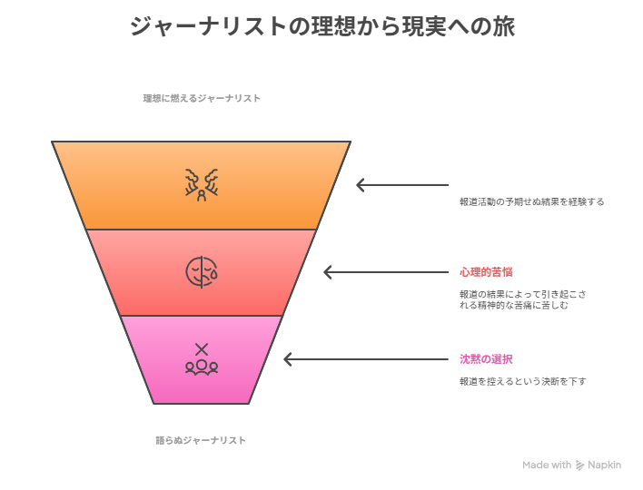 国定の内的選択： – A [理想に燃える報道マン] → B [報道による犠牲を目の当たりにし、“語らぬ選択”へ]