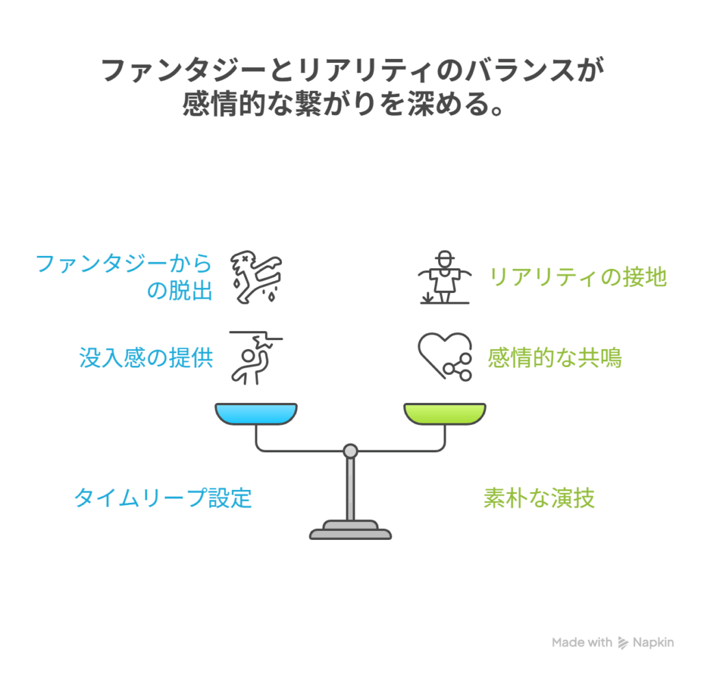 - タイムリープ［非現実］× 素朴な演技［リアル］＝ 現実を見つめ直す鏡 - キャストの素直な表現［未完成］→ 視聴者の記憶［共鳴］に接続