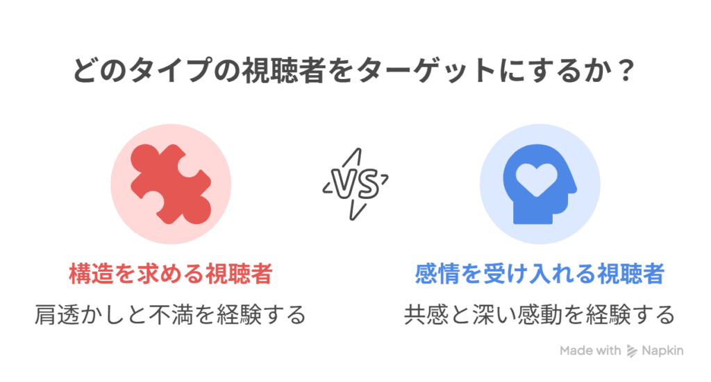  - A [構造や謎を求める視聴者] → B [肩透かしや不満]

 - A [感情の余白を受け取る視聴者] → B [共感と深い感動]