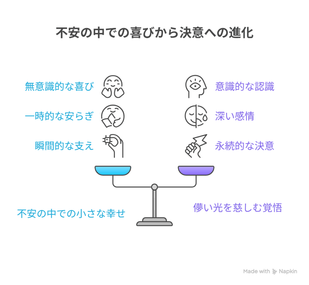 - A [不安の中での小さな幸せ] → B [儚い光を慈しむ覚悟]