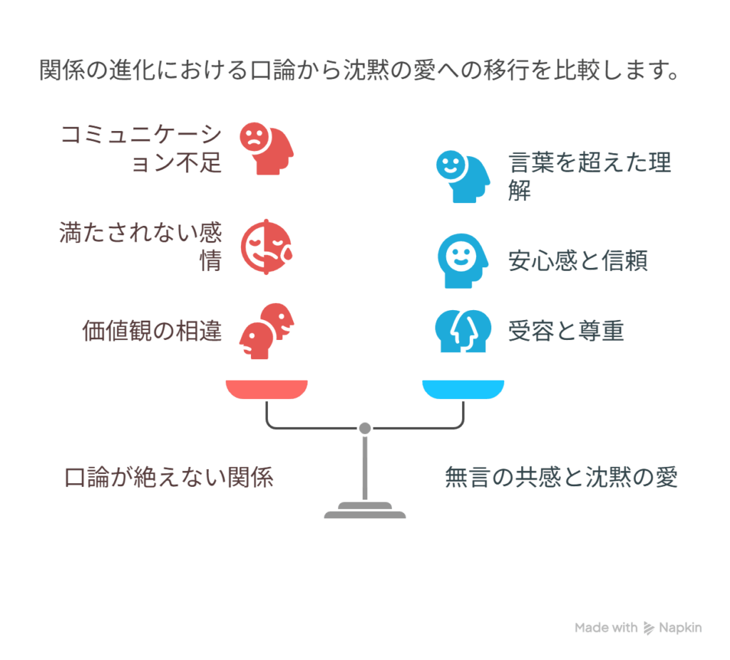 - A [口論が絶えない中年男女の曖昧な関係] → B [無言の共感と沈黙の愛に昇華]