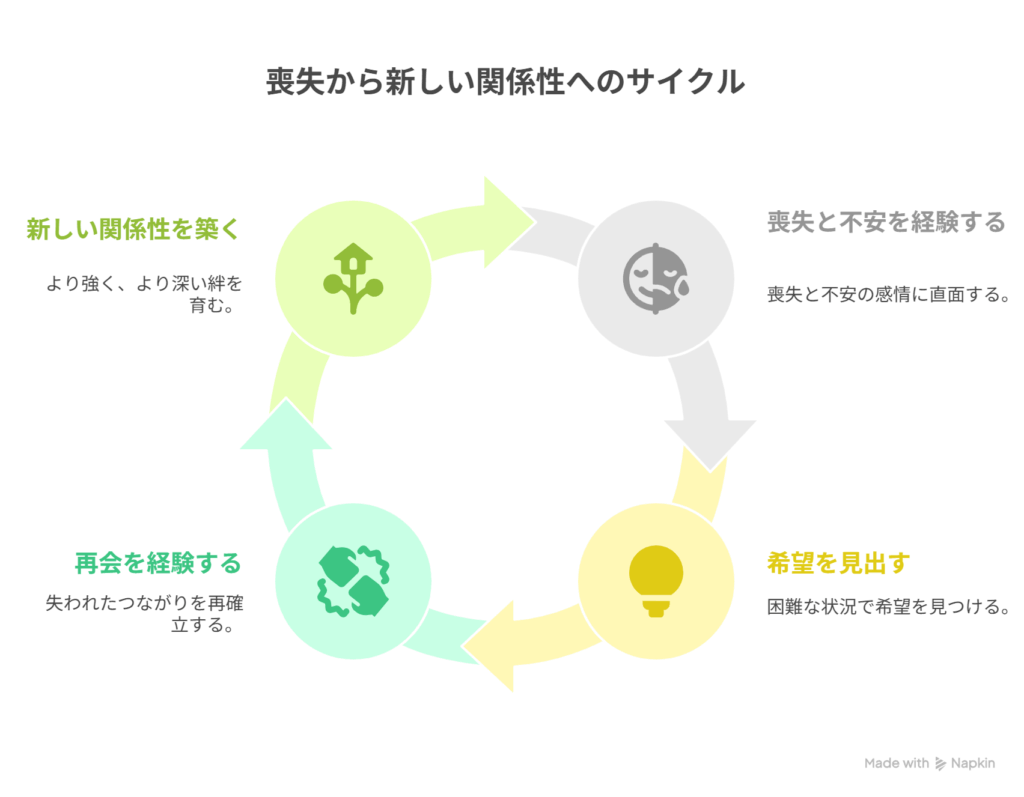 - A [喪失と不安の果てにある希望] → B [再会の先にある新しい関係性の提示]
