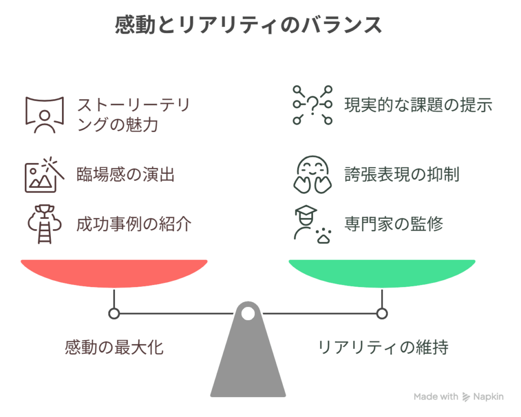 [実在のPJ訓練] → [映像演出による感動の最大化] → [リアルとの距離を保ち続ける配慮] → [感情移入＋納得感]