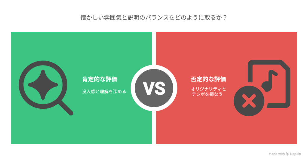 - A [懐かしい雰囲気への期待] → B [説明過多で評価分かれる]