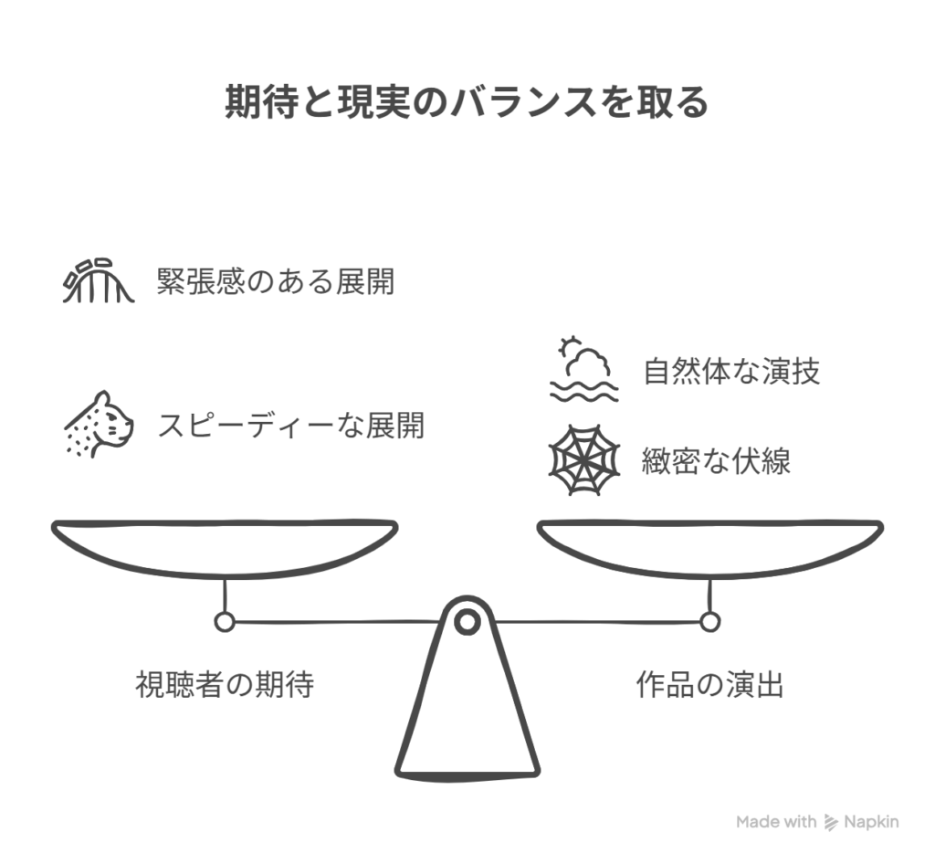 - 期待値［SFサスペンス］→ 現実［情緒重視］でギャップ生まれる - 視聴者［緊張感期待］→ 実際の演技［自然体演出］に“違和感”抱く層も