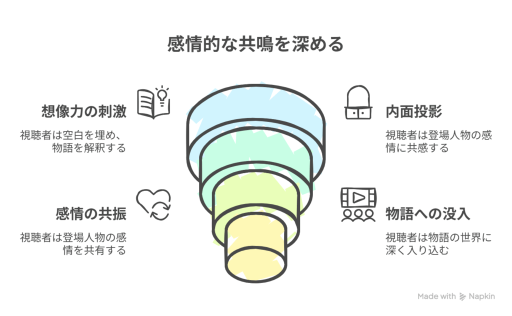 A【登場人物の沈黙・視線・動作】→ B【視聴者の想像と内面投影】→ C【感情の共振と物語への没入】