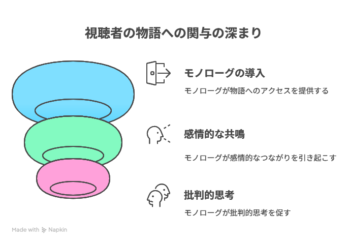 [視聴者は物語の外にいる] → [モノローグが外と内を繋ぎ、問いを投げかける]