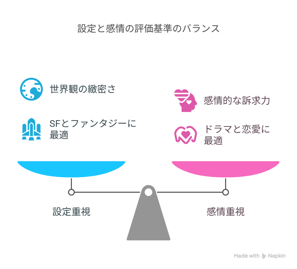 - A [設定に重きを置くか] → B [感情を主に捉えるかで評価が激変]
