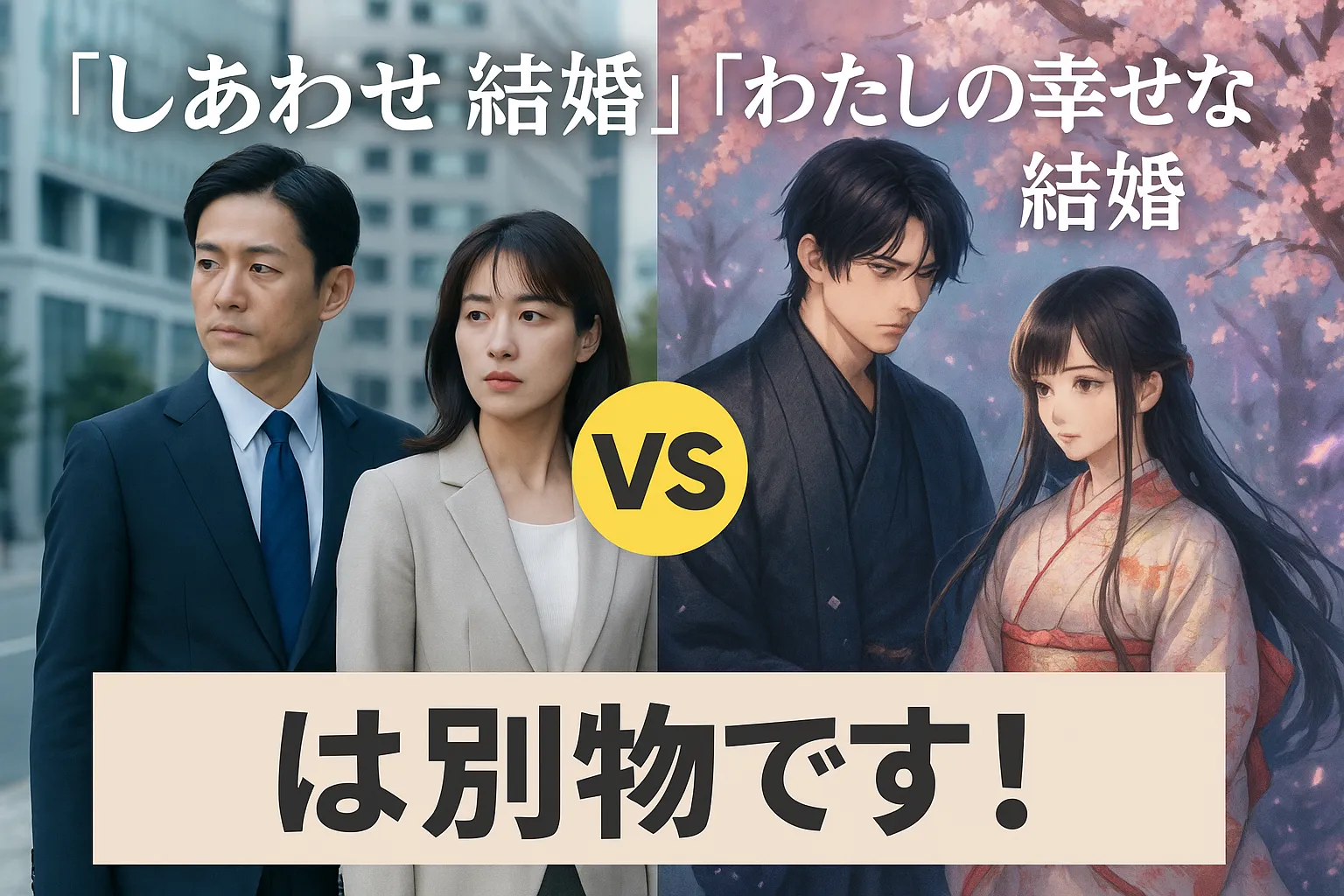 「『しあわせな結婚』と『わたしの幸せな結婚』の違いを表す比較画像。左側には現代的なスーツ姿の男女、右側には桜の背景と和装のカップルが描かれ、中央に『VS』と書かれた丸いアイコンが配置されている。下部には大きく『は別物です！』という強調された文字がある。」