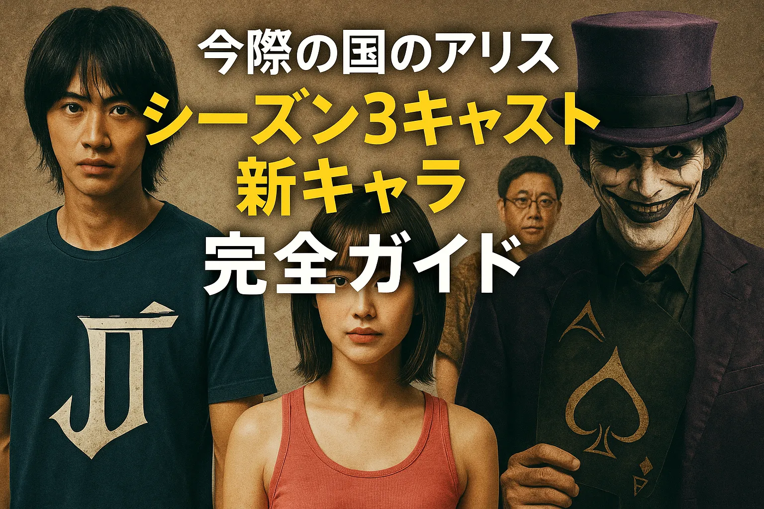 『今際の国のアリス シーズン3キャスト新キャラ完全ガイド』のアイキャッチ画像。左からアリス、ウサギ、監視者、新キャラクター“ジョーカー”が登場し、緊張感のある表情で並ぶ。背景は暗めの茶系で統一され、中央に黄色と白でタイトルが大きく配置されている。