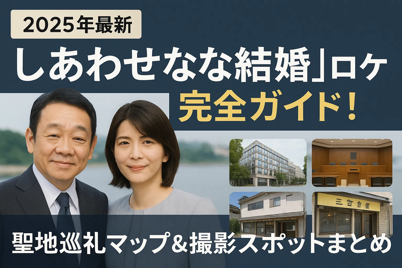 【2025年最新】ドラマ『しあわせな結婚』ロケ地完全ガイド！阿部サダヲさんと松たか子さんのツーショットを中心に、法廷・オフィス・レストランなど撮影スポットの写真が並ぶ聖地巡礼用アイキャッチ画像。