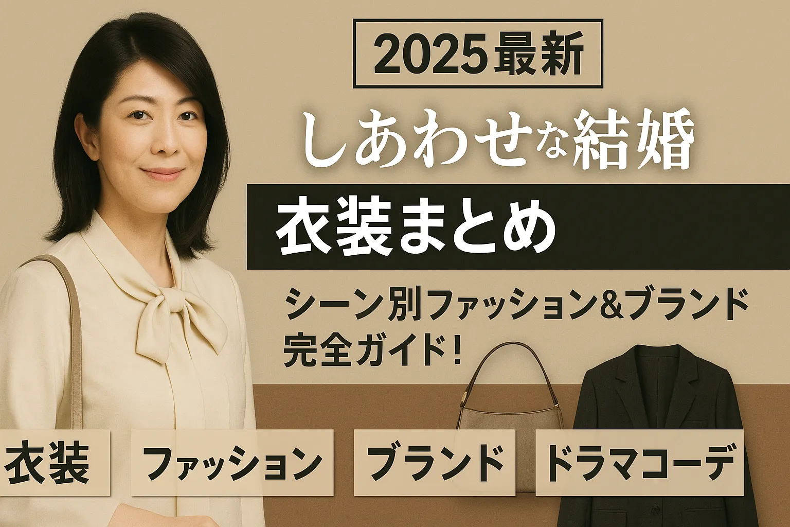 2025年最新ドラマ『しあわせな結婚』の衣装まとめを紹介するアイキャッチ画像。松たか子がベージュのブラウス姿で登場し、衣装・ファッション・ブランド・ドラマコーデのキーワードが並ぶ。