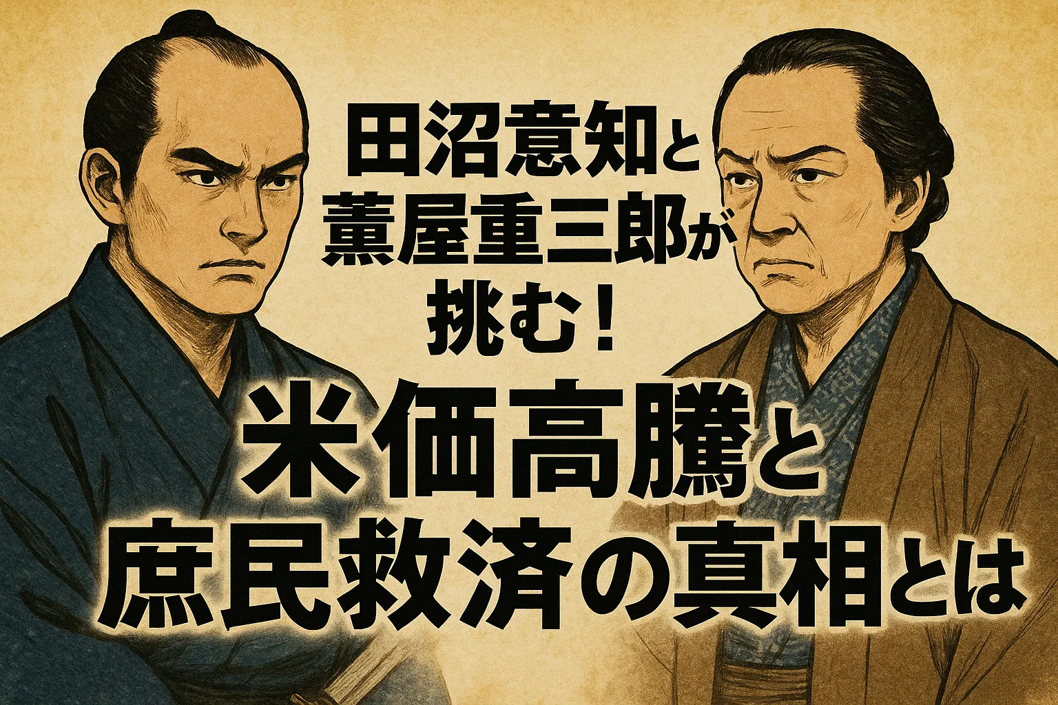 江戸時代風のタッチで描かれた田沼意知と蔦屋重三郎のイラスト。背景は古文書風の黄ばんだ紙で、中央には「田沼意知と蔦屋重三郎が挑む！米価高騰と庶民救済の真相とは」という力強い黒文字のタイトルが配置されている。二人は真剣な表情で、それぞれ武士と町人の装いをしている。