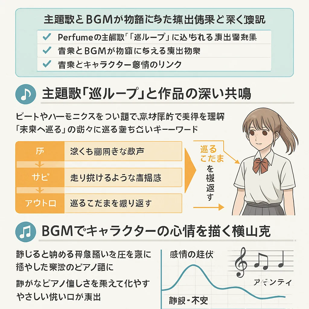 『ちはやふる めぐり』における主題歌とBGMが感情・物語構造・記憶の3要素とどのように連動して作品世界を深めているかを示す図解