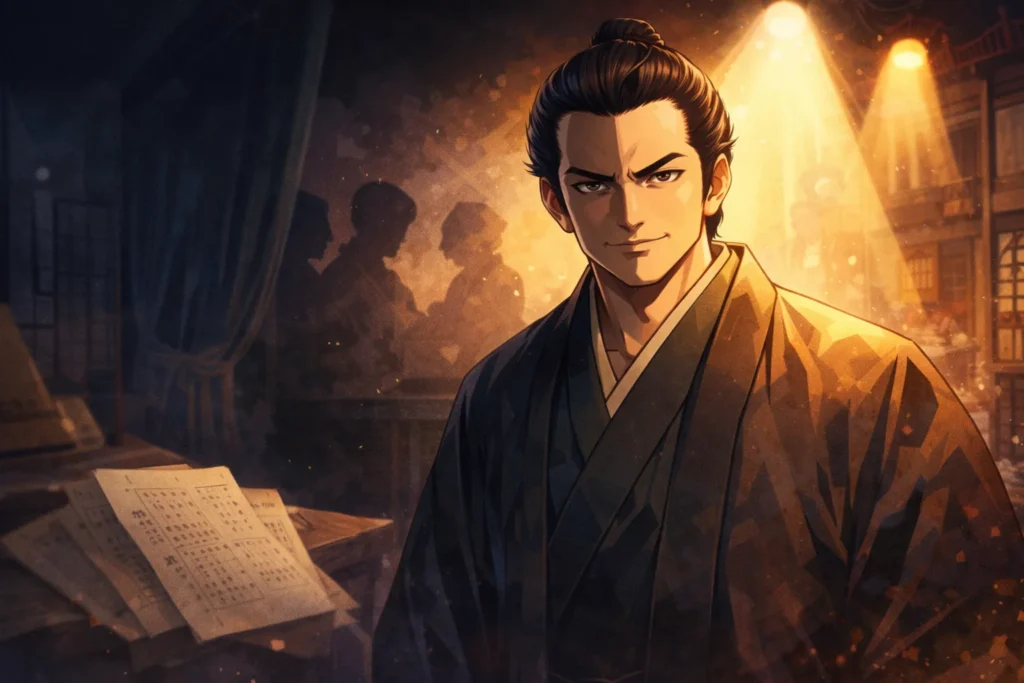 大河ドラマでの田沼意次の描かれ方を示す、舞台照明の中でこちらを見つめる田沼のイラスト