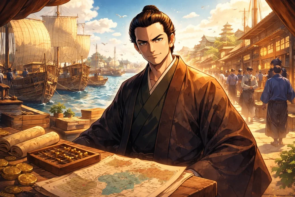 江戸の港と市場を背景に、地図と金貨を前に改革を構想する田沼意次のイラスト